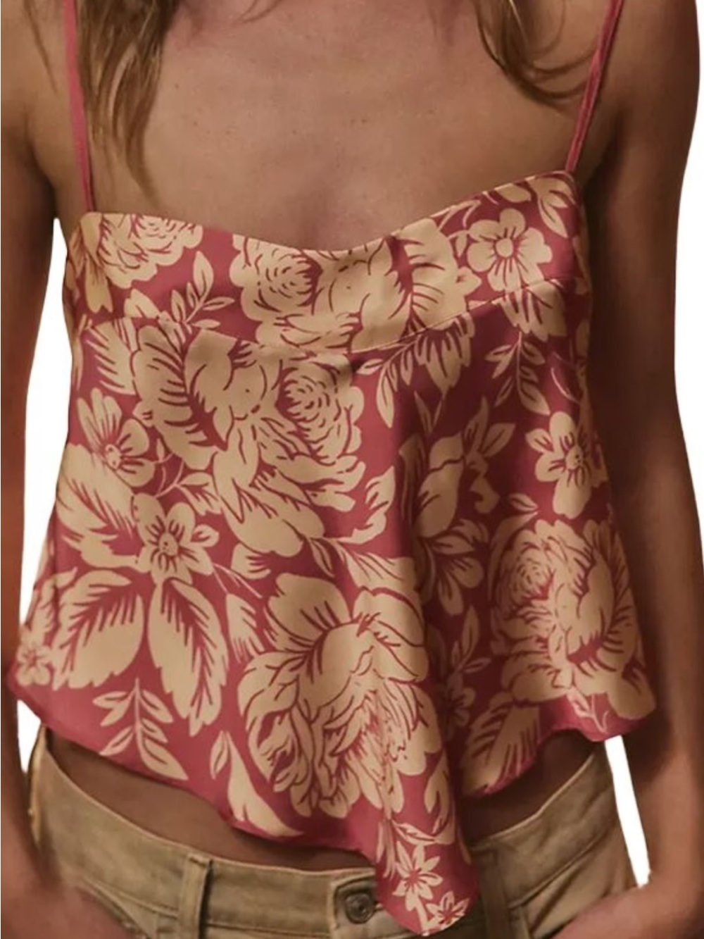 Free People Pink Floral Satin Cami with Cream Bloom Print